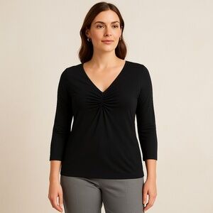 BANANA REPUBLIC Black Stretch Gathered V-Neck Top Business Casual L